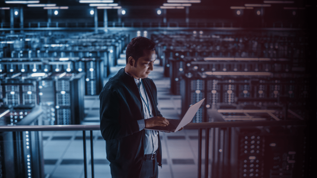 cybersecurity professional in server room