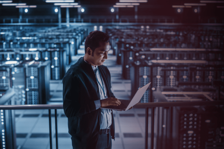 cybersecurity professional in server room